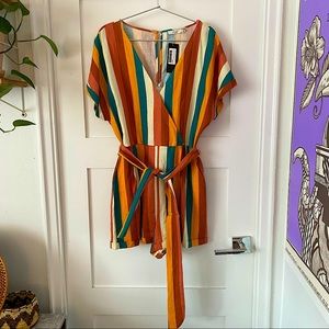 Linen summery candy stripes belted wrap romper. Brand new!